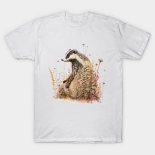 Watercolor Badger in Nature, Floral Design T-Shirt